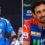 Mitchell Starc on Virat Kohli during IPL 2016 match sharing a friendly moment.