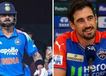 Mitchell Starc on Virat Kohli during IPL 2016 match sharing a friendly moment.