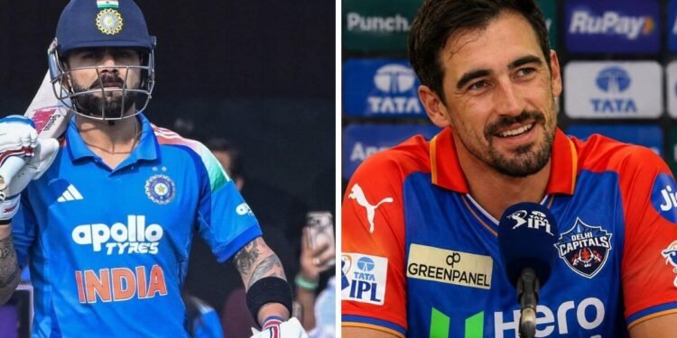 Mitchell Starc on Virat Kohli during IPL 2016 match sharing a friendly moment.
