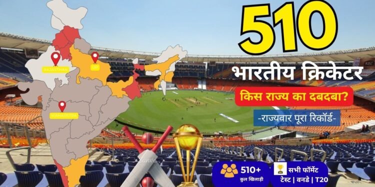 Infographic map of India showing state-wise number of Indian cricketers with a cricket trophy and Hindi text '510 Bhartiya Cricketer Kiske Rajye Ka Dabdaba'.